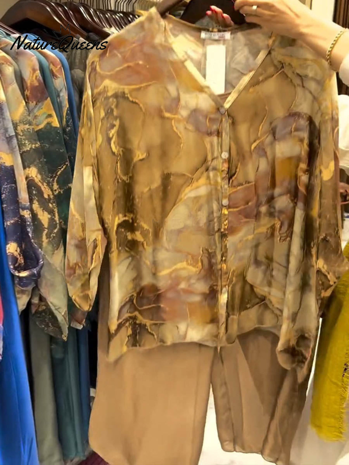 Women's Abstract Print V-Neck 3/4 Sleeve Casual Loose Cardigan Top Elastic Waist Solid Color Wide-Leg Pants Set