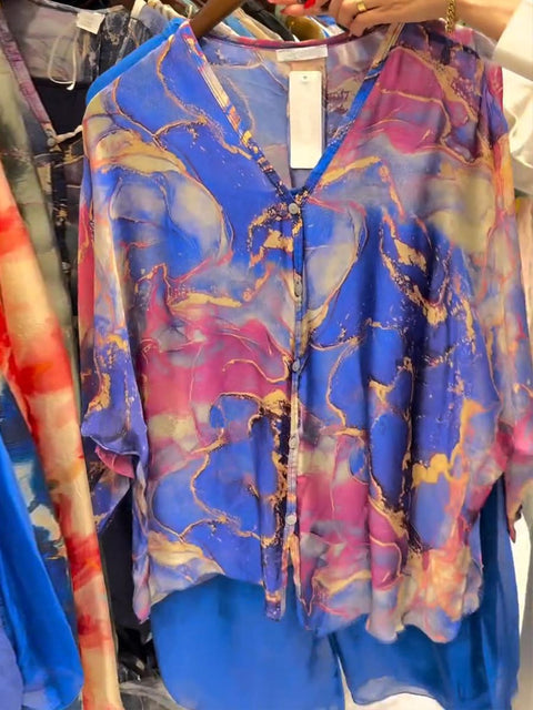 Women's Abstract Print V-Neck 3/4 Sleeve Casual Loose Cardigan Top Elastic Waist Solid Color Wide-Leg Pants Set