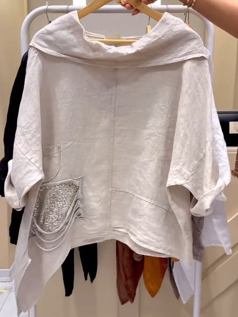 Women's Solid Color Ruffled Collar Three-Quarter Sleeve Casual Cotton And Linen Top