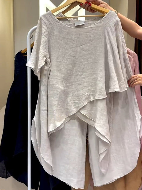 Women's Solid Color Round Neck 3/4 Sleeve Casual Cotton and Linen Asymmetrical Hem Top with Elastic Waist Casual Cotton and Linen Wide-Leg Pants Two-Piece Set