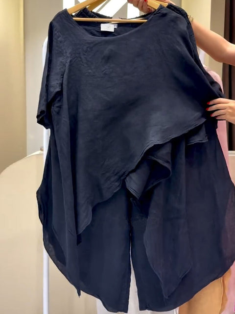Women's Solid Color Round Neck 3/4 Sleeve Casual Cotton and Linen Asymmetrical Hem Top with Elastic Waist Casual Cotton and Linen Wide-Leg Pants Two-Piece Set