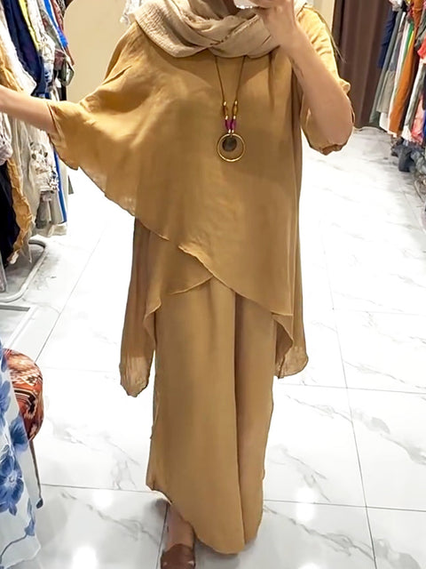 Women's Solid Color Round Neck 3/4 Sleeve Casual Cotton and Linen Asymmetrical Hem Top with Elastic Waist Casual Cotton and Linen Wide-Leg Pants Two-Piece Set