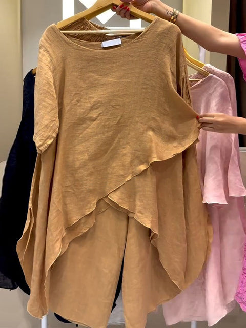 Women's Solid Color Round Neck 3/4 Sleeve Casual Cotton and Linen Asymmetrical Hem Top with Elastic Waist Casual Cotton and Linen Wide-Leg Pants Two-Piece Set