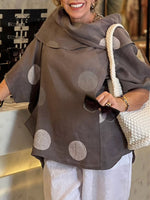 Women's Polka Dot Print Cotton Shirt with Draped Collar and 3/4 Sleeves