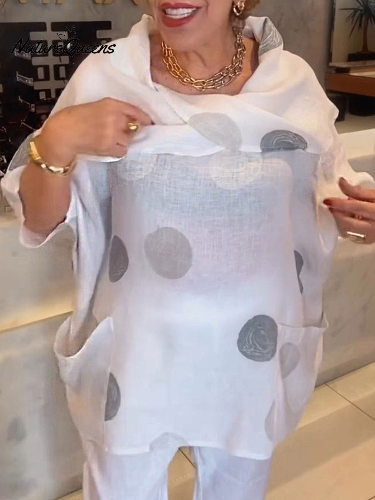 Women's Polka Dot Print Cotton Shirt with Draped Collar and 3/4 Sleeves