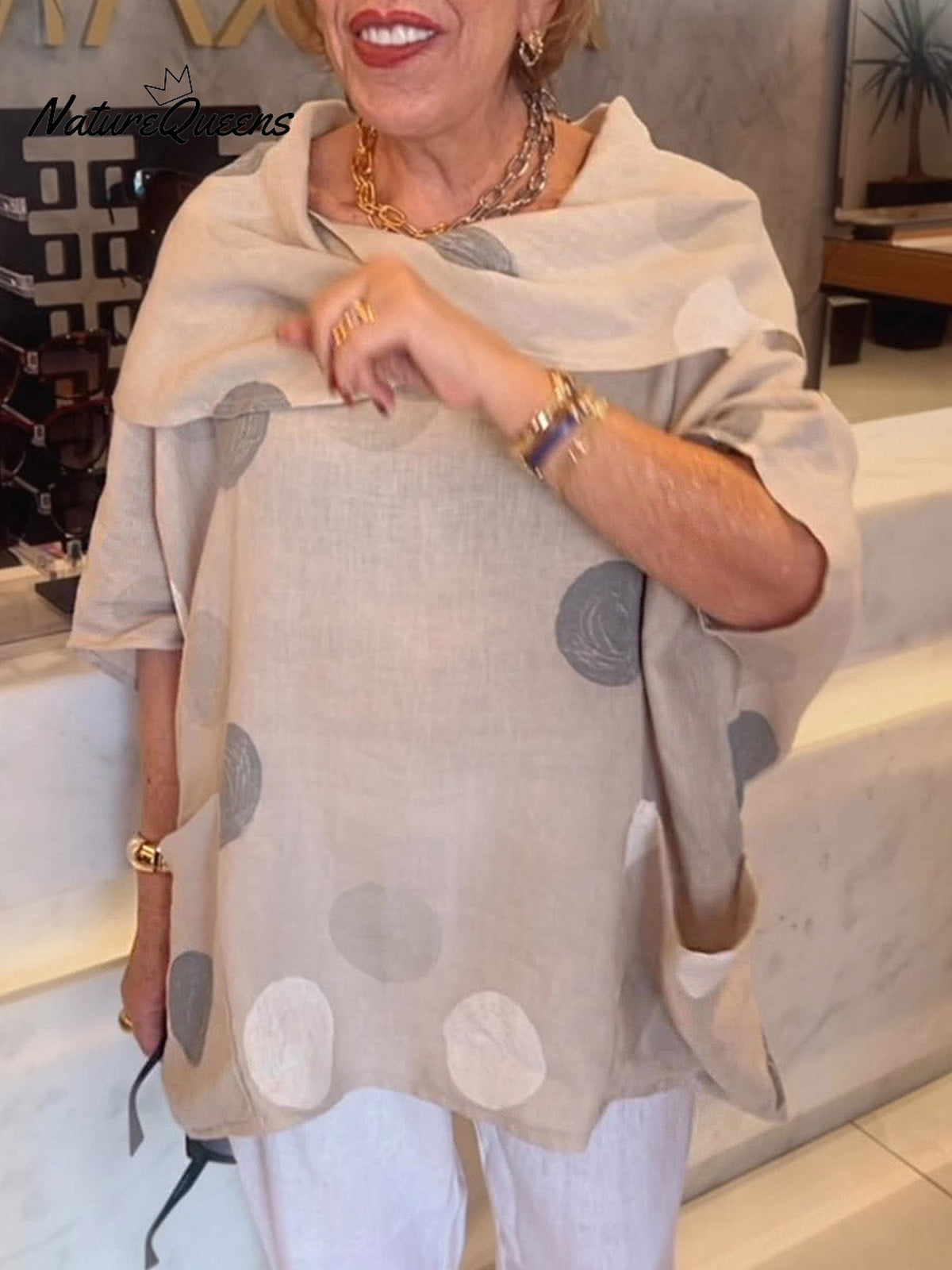 Women's Polka Dot Print Cotton Shirt with Draped Collar and 3/4 Sleeves