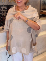 Women's Polka Dot Print Cotton Shirt with Draped Collar and 3/4 Sleeves