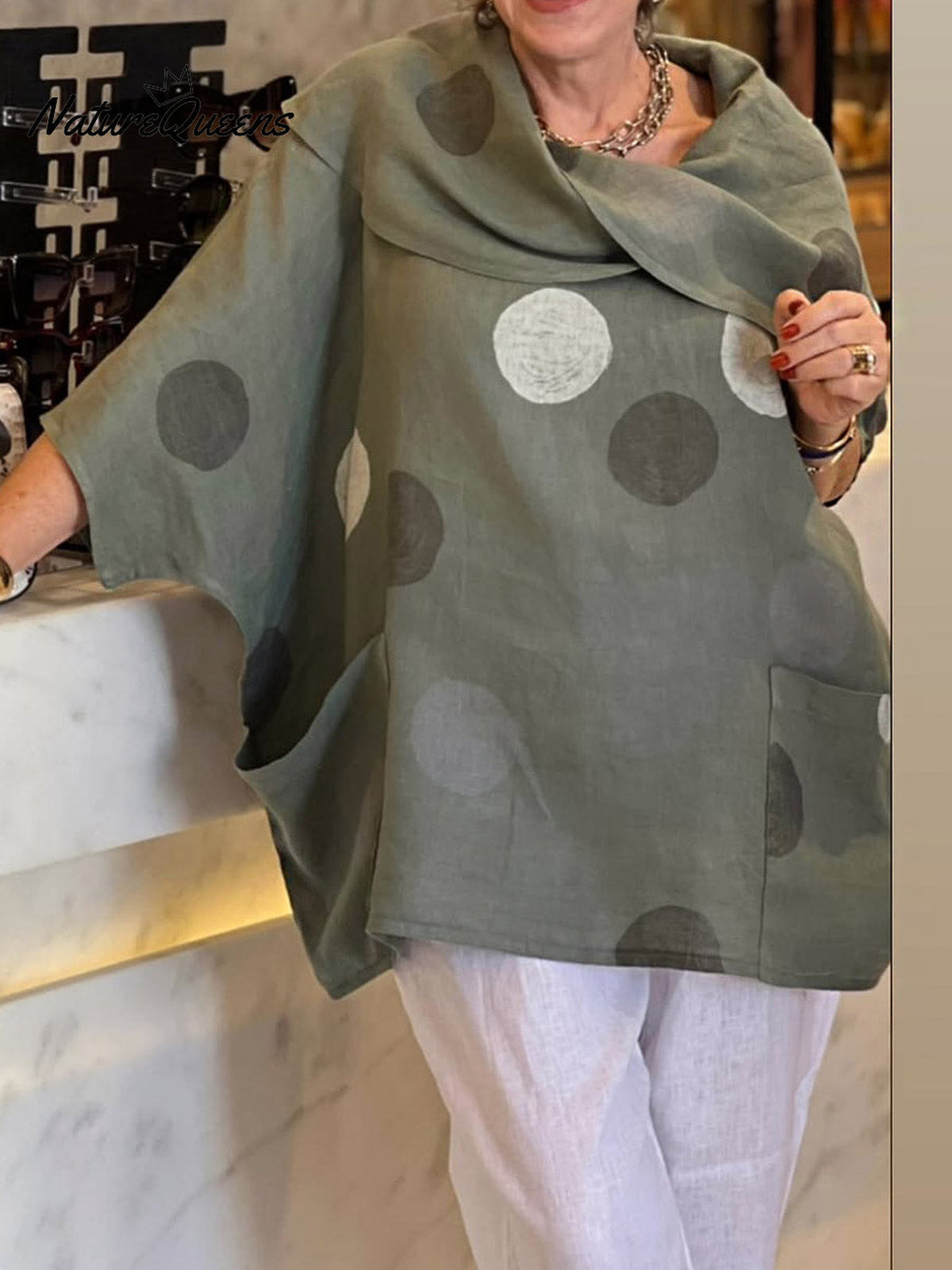 Women's Polka Dot Print Cotton Shirt with Draped Collar and 3/4 Sleeves