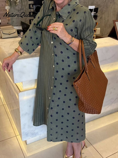 Women's Lapel Three-quarter Sleeve Polka Dot Stripe Splicing Print Casual Cotton Shirt Dress