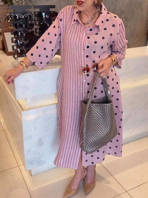 Women's Lapel Three-quarter Sleeve Polka Dot Stripe Splicing Print Casual Cotton Shirt Dress