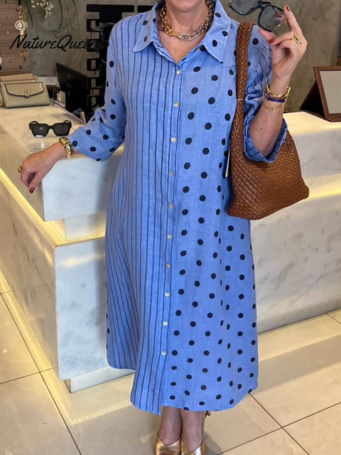 Women's Lapel Three-quarter Sleeve Polka Dot Stripe Splicing Print Casual Cotton Shirt Dress