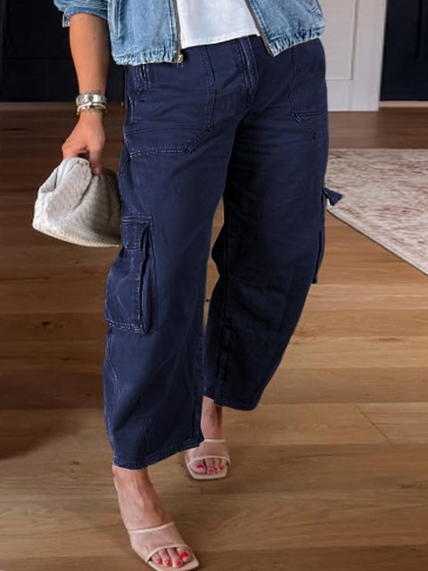Women's Solid Color High-Rise Casual Pocket Cotton Cropped Pants
