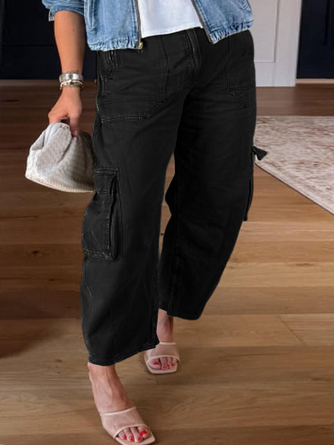 Women's Solid Color High-Rise Casual Pocket Cotton Cropped Pants