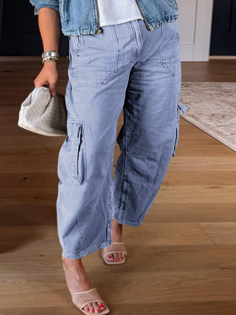Women's Solid Color High-Rise Casual Pocket Cotton Cropped Pants