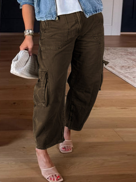 Women's Solid Color High-Rise Casual Pocket Cotton Cropped Pants