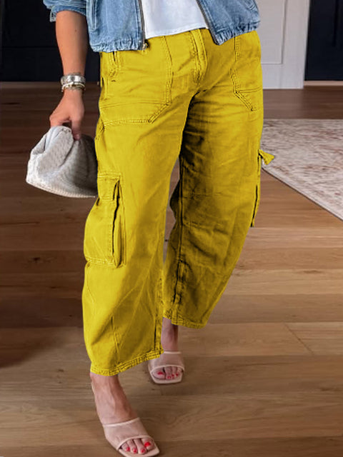 Women's Solid Color High-Rise Casual Pocket Cotton Cropped Pants