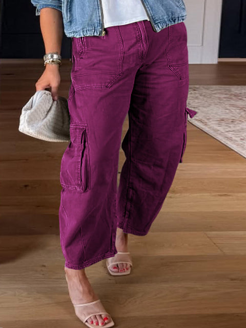 Women's Solid Color High-Rise Casual Pocket Cotton Cropped Pants