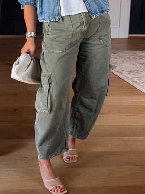 Women's Solid Color High-Rise Casual Pocket Cotton Cropped Pants