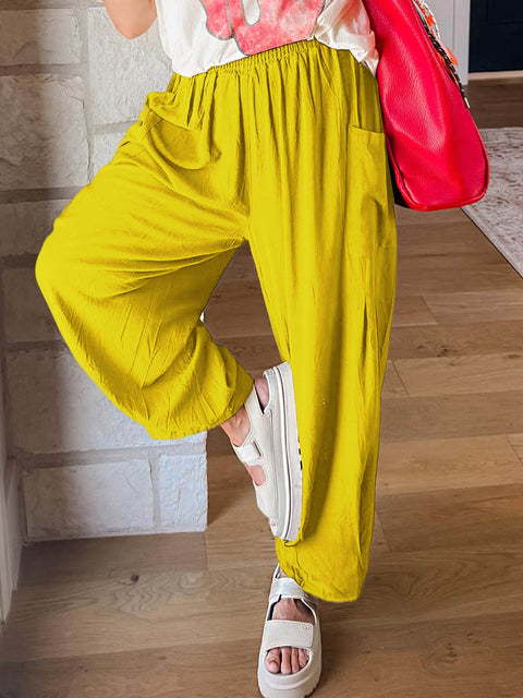 Women's Solid Color Elastic Waist Casual Cotton Cropped Pants