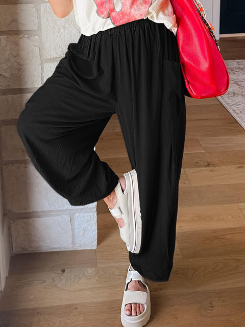Women's Solid Color Elastic Waist Casual Cotton Cropped Pants