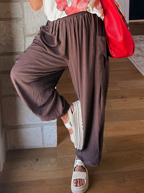Women's Solid Color Elastic Waist Casual Cotton Cropped Pants