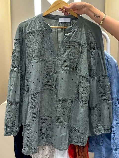 Women's Solid Color V-Neck Long Sleeve Geometric Pattern Embroidered Casual Cotton and Linen Top