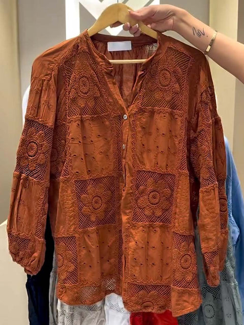Women's Solid Color V-Neck Long Sleeve Geometric Pattern Embroidered Casual Cotton and Linen Top