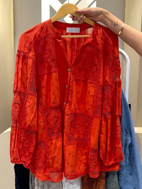 Women's Solid Color V-Neck Long Sleeve Geometric Pattern Embroidered Casual Cotton and Linen Top