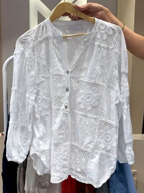 Women's Solid Color V-Neck Long Sleeve Geometric Pattern Embroidered Casual Cotton and Linen Top