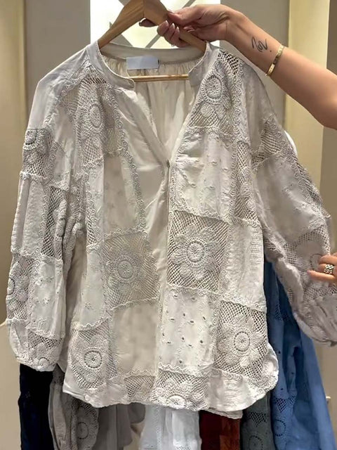 Women's Solid Color V-Neck Long Sleeve Geometric Pattern Embroidered Casual Cotton and Linen Top
