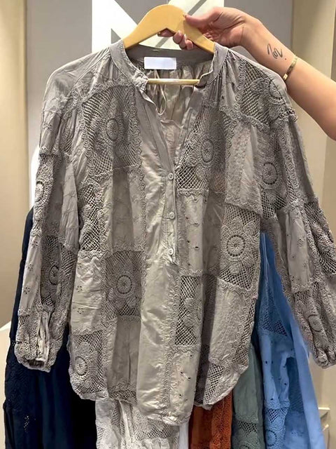 Women's Solid Color V-Neck Long Sleeve Geometric Pattern Embroidered Casual Cotton and Linen Top