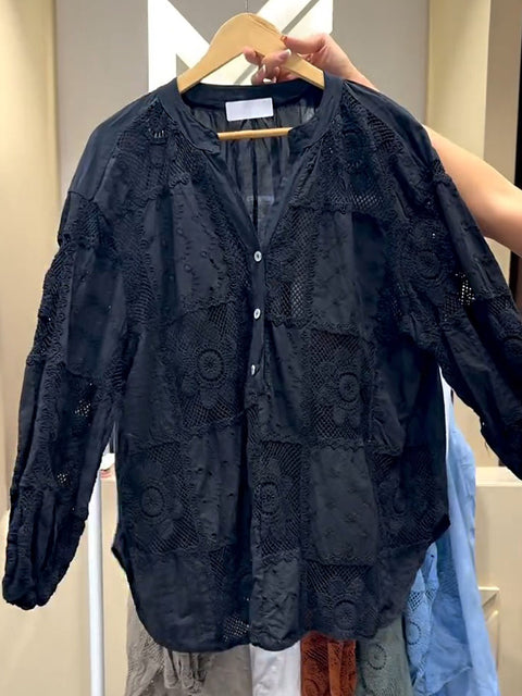 Women's Solid Color V-Neck Long Sleeve Geometric Pattern Embroidered Casual Cotton and Linen Top
