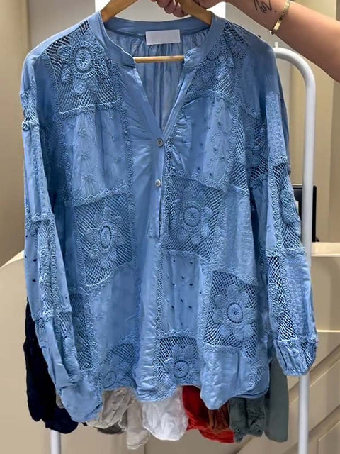 Women's Solid Color V-Neck Long Sleeve Geometric Pattern Embroidered Casual Cotton and Linen Top