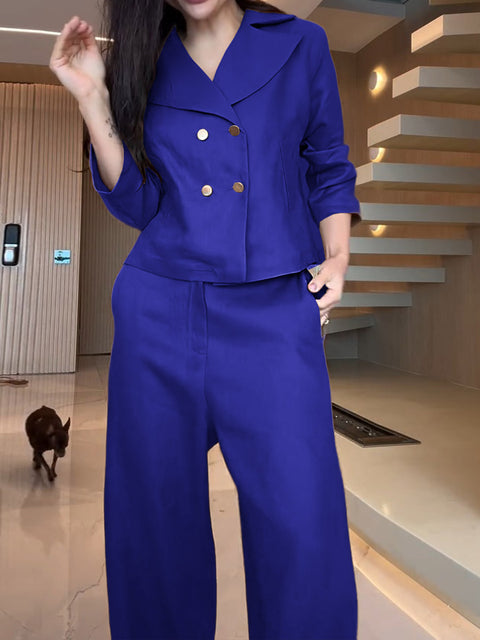 Women's Lapel 3/4 Sleeve Double-Breasted Casual Top with Elastic Waist Solid Color Casual Cotton and Linen Wide-Leg Pants Set