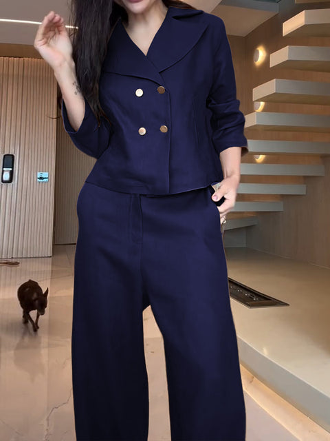 Women's Lapel 3/4 Sleeve Double-Breasted Casual Top with Elastic Waist Solid Color Casual Cotton and Linen Wide-Leg Pants Set