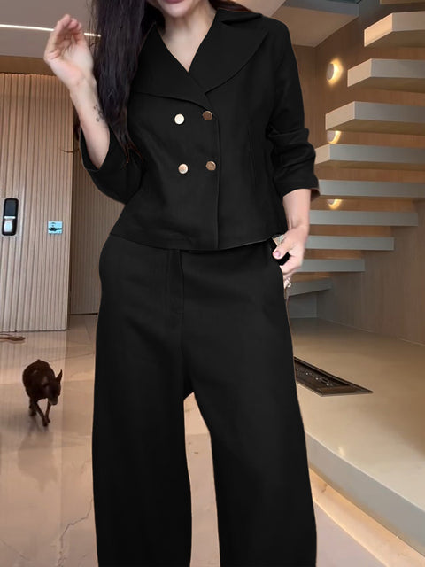 Women's Lapel 3/4 Sleeve Double-Breasted Casual Top with Elastic Waist Solid Color Casual Cotton and Linen Wide-Leg Pants Set