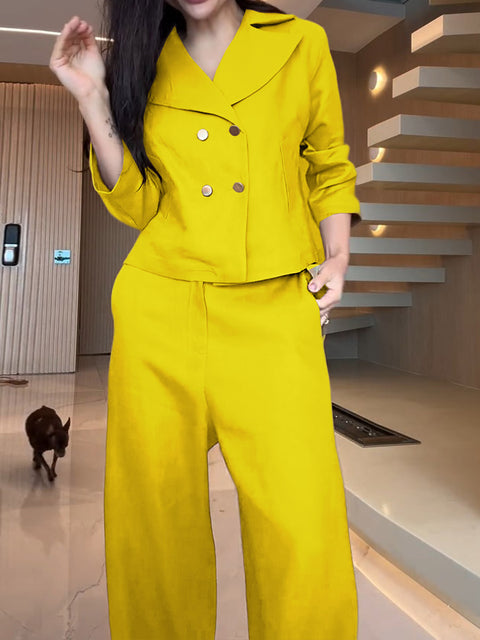 Women's Lapel 3/4 Sleeve Double-Breasted Casual Top with Elastic Waist Solid Color Casual Cotton and Linen Wide-Leg Pants Set