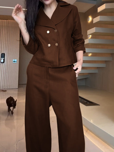 Women's Lapel 3/4 Sleeve Double-Breasted Casual Top with Elastic Waist Solid Color Casual Cotton and Linen Wide-Leg Pants Set