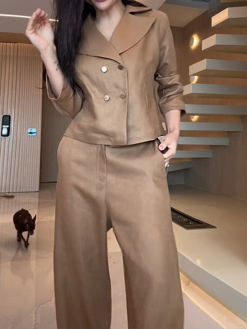Women's Lapel 3/4 Sleeve Double-Breasted Casual Top with Elastic Waist Solid Color Casual Cotton and Linen Wide-Leg Pants Set