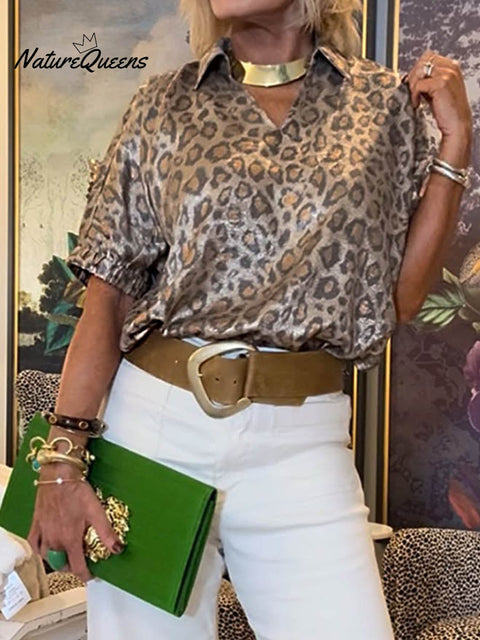 Women's Lapel Short Sleeve Leopard Print Casual Loose Top