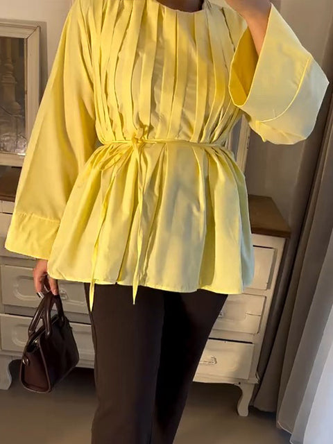 Women's Round Neck Long Sleeve Solid Color Pleated Casual Cotton and Linen Top