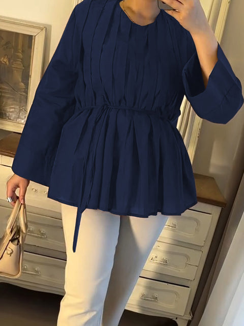 Women's Round Neck Long Sleeve Solid Color Pleated Casual Cotton and Linen Top