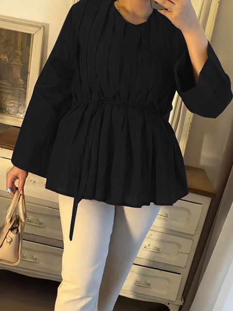 Women's Round Neck Long Sleeve Solid Color Pleated Casual Cotton and Linen Top
