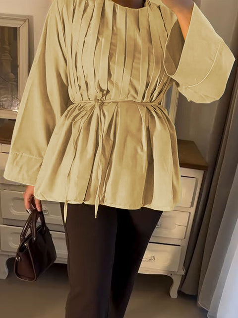 Women's Round Neck Long Sleeve Solid Color Pleated Casual Cotton and Linen Top