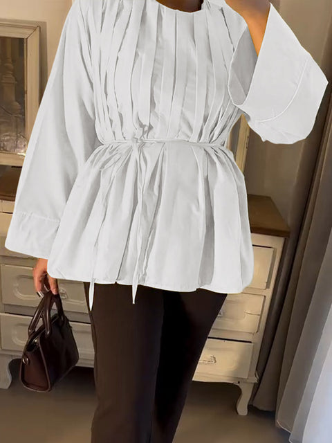 Women's Round Neck Long Sleeve Solid Color Pleated Casual Cotton and Linen Top