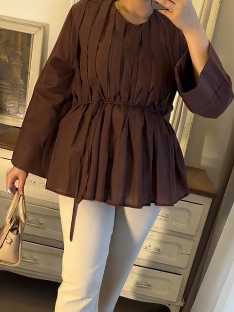 Women's Round Neck Long Sleeve Solid Color Pleated Casual Cotton and Linen Top