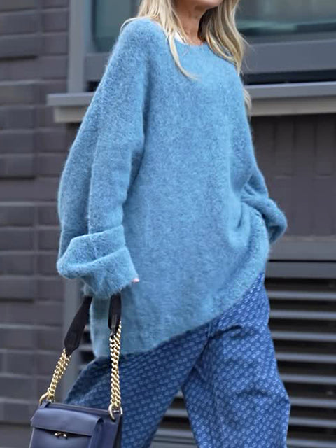 Women's Crew Neck Long Sleeve Casual Loose Solid Color Sweater