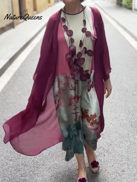 Women's Round Neck Sleeveless Geometric Pattern Printed Casual Cotton and Linen Vest Dress