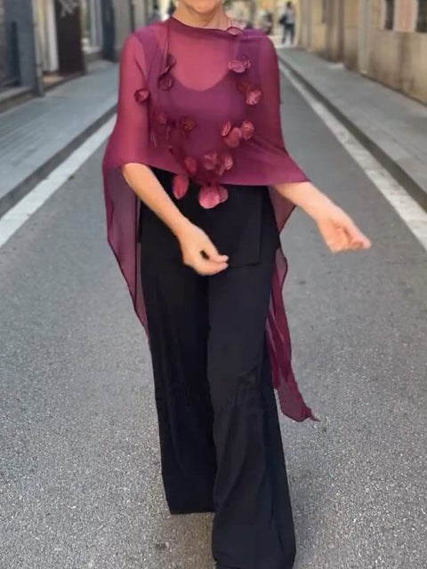 Women's Round Neck Sleeveless Solid Color Casual Vest Elastic Waist Casual Wide Leg Pants Chiffon Blouse Set