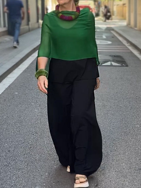 Women's Round Neck Sleeveless Solid Color Casual Vest Elastic Waist Casual Wide Leg Pants Chiffon Blouse Set